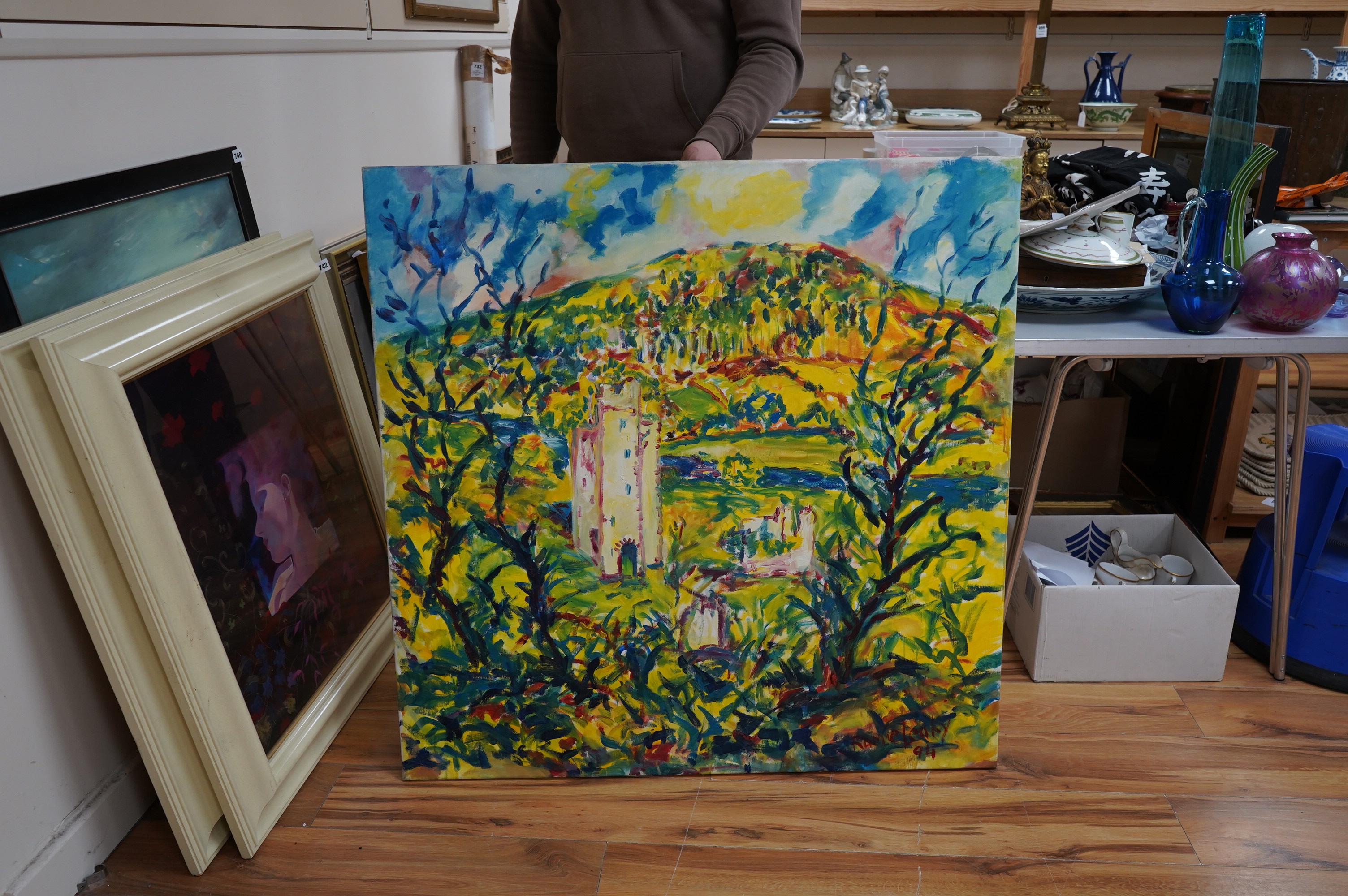 Ramie Leahy (Irish, b.1950), abstract oil on canvas, ‘Dysart Castle, Berkeley’s Birthplace’, signed and dated '94, 101 x 101cm, unframed. Condition - good